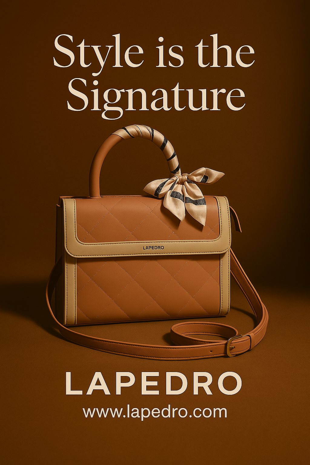 Brown handbag with a bow on a brown background, featuring LAPEDRO branding.