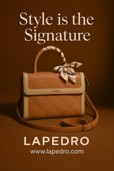 Brown handbag with a bow on a brown background, featuring LAPEDRO branding.